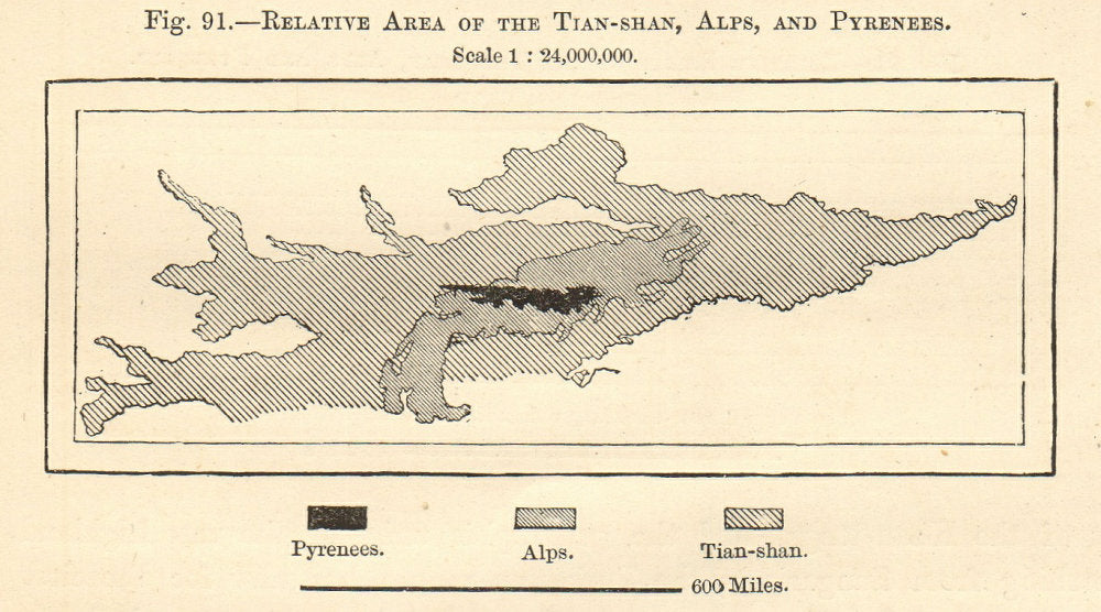 Tian Shan Alps Pyrenees area comparison. Kyrgyzstan China Sketch map. SMALL 1885
